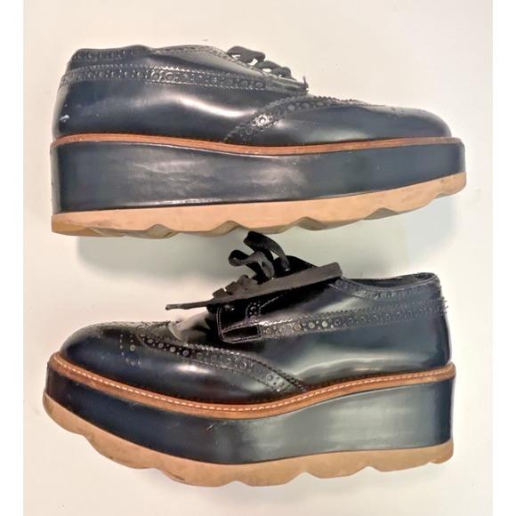 Prada Shoes - PRADA Wave Sole Black Wingtip Shoes 1E935G Size 36.5 US 6.5 Women 's Platform